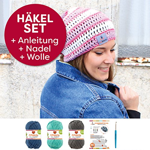 Mützen Häkelset | Sommer Longbeanie: Anleitung + Häkelnadel + 3x Wolle (Baumwolle 85%, Kapok 15%) + Boshi Label |