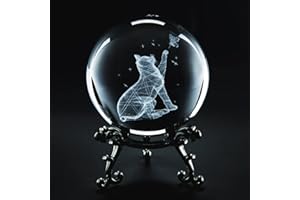 Prefdo Boule de cristal 3D avec support, presse-papier 60 mm gravée au laser pour décoration de bureau (chat)