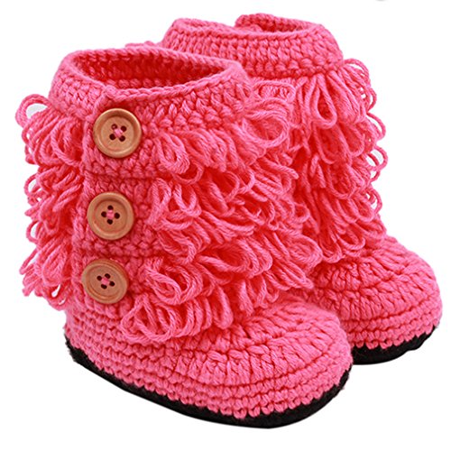Hengsong Baby Infant Warm Knitted Woven Tassel High Boots Button Shoes (Watermelon Red)
