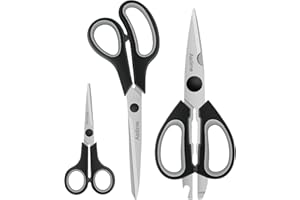 Asdirne Kitchen Scissors with Sharp Stainless Steel Blades and Soft Handles, Multifunctional Scissors Set, 3PCs, Black/Grey