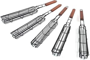 FIORKY Lot de 5 paniers à grillades antiadhésifs pour Kebab, Panier à grillades à Long Manche, Panier à Saucisse, Cage à saucisses, Panier à grillades pour légumes, paniers Kabob pour Barbecue, Poisson