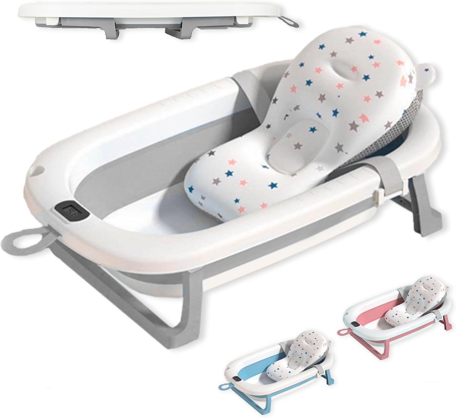 JUPPLIES Bañera Bebé Plegable con Cojín Ergonómico, Termómetro Digital y Patas Antideslizantes | Portátil, Compacta y Segura para Recién Nacido (Gris SIN estructura metálica)