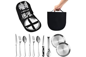 REFORUNG Set Posate Campeggio Kit Piatti Campeggio in Acciaio Inox con Forchette Cucchiai Coltelli Pinze per Barbecue Piatti Portatile Kit Stoviglie Campeggio per Casalingo/Viaggio/Campeggio (10 Pz)