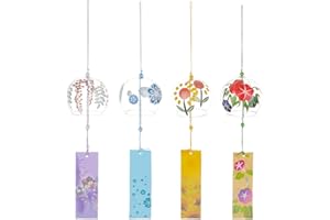 BENECREAT 4 pz Campanelli Eolici Rotondi In Vetro Giapponese, Cielo Blu, Lilla, Colorato, Campanelli Eolici con Motivo Floreale Giallo con Ciondolo In Carta Da Preghiera, per Il Giardino
