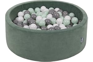 KiddyMoon Soft Ball Pit Round 90X30cm/300 Balls ∅ 7Cm / 2.75In For Kids, Foam Velvet Ball Pool Baby Playballs, Made In EU, Forest Green:White/Grey/Mint