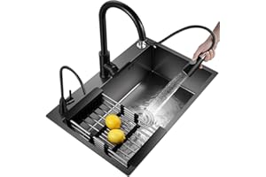 SYNSHOP Fregadero De Cocina Negro Fregadero De Barra De Acero Inoxidable Fregadero Rectangular Incorporado Fregadero De Un Solo Tazón Negro con Grifo Y Accesorios (Color : Black, S : 80X50X20cm(B))