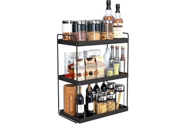 Amazon Brand - Umi Multi-Shelf Storage Stand for Kitchen, Bathroom or Vanity- Spice Rack, Cosmetic Organizer or Bathroom Shelf,3 Tier Versatile countertop Oragnizer Rack - Black