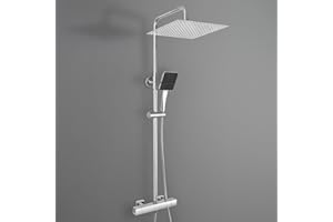 Auralum Columna Ducha Termostática Cromo con Grifo, Kit Completo Ducha Lluvia 30cm Acero Inox 304, Barra Regulable 88-124cm, Ducha de mano con 6 modos