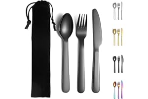 Evanda Czarne sztućce kempingowe, w tym nóż, widelec, łyżka, czarne tytanowe sztućce ze stali nierdzewnej z czarną torbą, do aktywności na świeżym powietrzu, na kemping, w podróży.