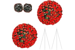 DEEJAAH Parkland® Pack of 2 Topiary Balls 28cm - Artificial Plant Boxwood Sphere, UV Protected, No Maintenance Fake Leaf, Easy to Assemble Hanging Balls for Patio, Garden, Indoor & Outdoor - Rose Red