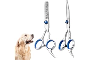 ERIOSCAR Zestaw 2 nożyczek dla psów, 1 szt. niebieskich zakrzywionych nożyczek do pielęgnacji z bezpieczną okrągłą końcówką i 1 szt. profesjonalnych nożyczek do przerzedzania, dla kotów, zwierząt domowych itp