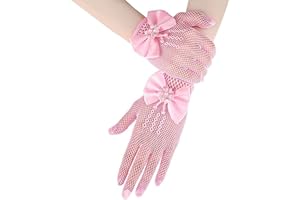 AGD LIGHTS Flower Girl Gloves - Children's Princess Dress Mesh Bowknot, Stage Performance Wedding Pure Pink Thin Gloves, Pearl Mesh Stretch