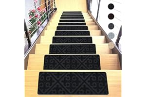 Surwin Tappeti per Scale Antiscivolo Interne Coprigradini, Tappetini per Gradini 15 Pezzi, Stile Nordico Tappetino Antiscivolo per Tappeto, Passatoie per Gradini for Scale (20x76cm,Nero)