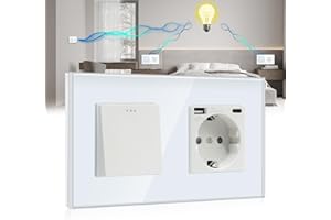 BSEED Interruptor de Pared Schuko 1 Gang 3 Vías Conmutador Tipo C y USB 16A/10A Botón Pulsador Blanco