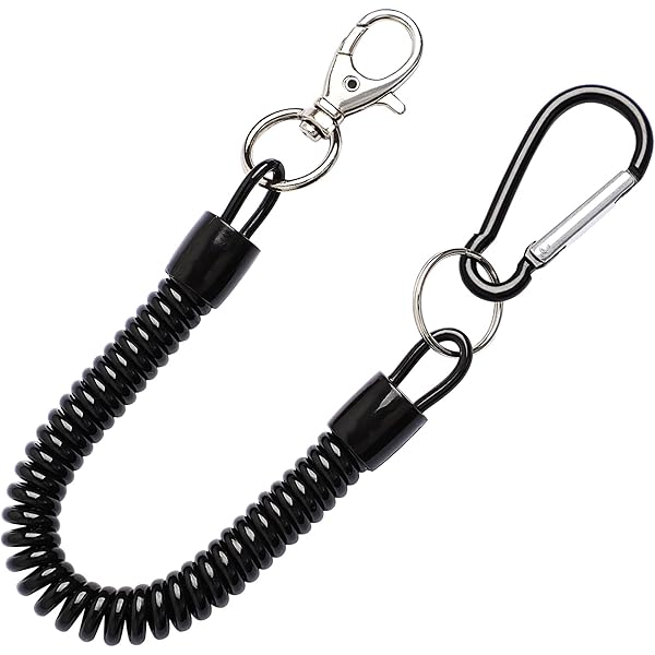 Fhioevt Paracord Tactisch koord, springsleutelhanger, paracord, sleutelband met karabijnhaak, spiraalkabel, tactische nylon, uittrekbaar, 150 cm, voor sleutels, vissen, kamperen, 2 stuks (zwart