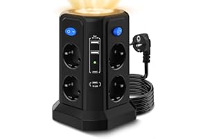RUMICET Luz Nocturna Torre Regletas Enchufes con Cable 3M & Carga Rápida PD20W, 4000W/16A Regleta Enchufe Proteccion Sobretension, 4 Puertos USB y 8 Enchufes, 4 Interruptores Individuales para Oficia, Casa