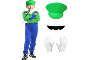ATOWORLD Deguisement Enfant Garcon 3-12 ans Fille Costume Combinaison Rouge Deguisement Cosplay Anime Costume Halloween Enfant Garçon Déguisement Carnaval Deguisement avec Casquette Moustache Gants