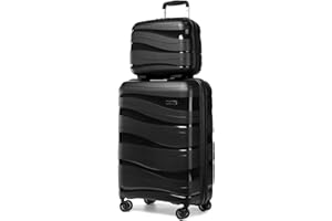 Kono Luggage Sets of 2 Piece Lightweight Polypropylene Hard Shell Suitcase with TSA Lock Spinner Wheels Travel Carry On Hand Cabin Luggage with Beauty Case (Set of 2, Black)