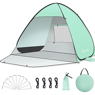 Tienda De Playa Glymnis Pop Up Instantánea - Para 2-3 Personas, UPF 50+, Portátil Con Puerta De Cremallera
