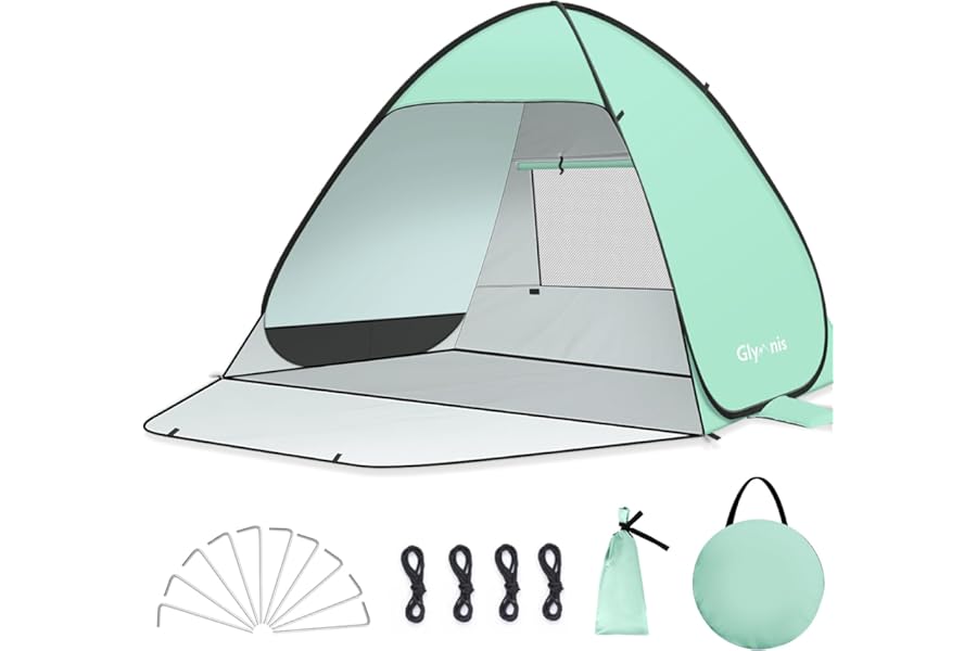 Glymnis Pop Up Beach Tent Small for 1-2 Person/Large for 3-4 Person, UV Protection Beach Sun Shelter with Zipper Porch, Portable Sun Shade Tent for Beach, Garden, Picnic