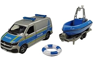 Kids Globe VW Transporter Polizia con barca DE Die Cast Pull Back 29 cm, giocattolo per bambini, 520360, blu
