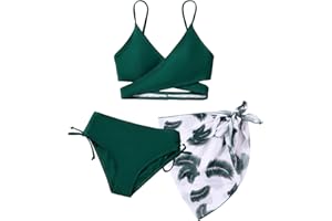 Naiyafly Girls' 3-Piece Swimsuits Bikini Set with Criss Cross Back, Adjustable Straps, Floral Print, Red, Blue, Green, Sizes 9-13 Years