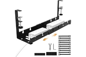 NASTOPEE Under Desk Cable Management Tray, 11.2"-21.7" Retractable No Drill Wire Organizer, Metal Cord Tray Basket with Cable Holder Ties, Under Desk Cable Management Kit for Office Home Desk Cable Hider