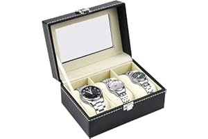 HQdeal Uhren-Box für 3 Uhren, Kunststoff, große Fächer, transparente Fenster, weiche Kissen, schwarz