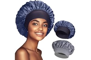 EIROVYA Set di 2 Cuffie in Seta per Capelli Ricci con Bordi Larghi, per la Notte (Blu Scuro e Argento)