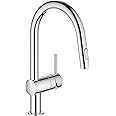 GROHE Minta - Kitchen Sink Tap Single-Lever Mixer - Pull-Out Shower Head - 2 Spray Options - Silicone Nozzles - High Spout - Swivel Range 360° - 46mm Ceramic Cartridge - Size 379mm - Chrome - 32321002