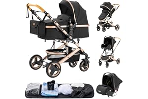 GLOKID Carrito bebé 3 Piezas, Carro, Carrito bebé 3 en 1, Silla Paseo, Sistema de viaje, Plegable, neumáticos de caucho, Con accesorios, Góndola, Adaptateurs, 25 kg (Negro)