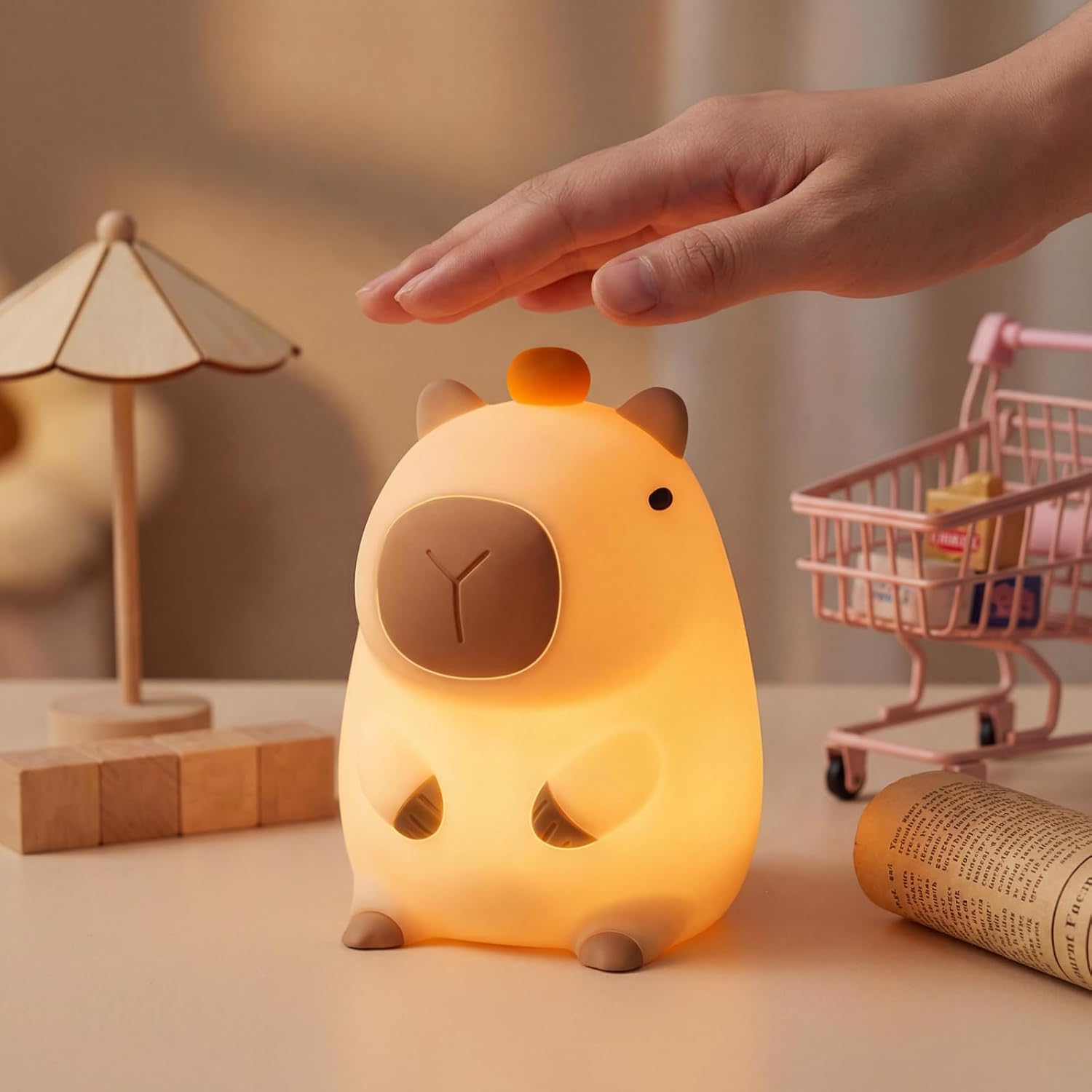 MERTTURM Luz Nocturna Capybara para Niños, Lámpara de Mesilla Recargable para Bebé con Control Táctil, Regulable y Silicona Alimentaria para Lactancia, Hora de Dormir, Regalos