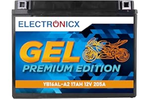 Electronicx GEL Żelowa bateria zapasowa – 17 Ah 12 V YB16AL-A2akumulator motocyklowy 12V 17Ah 205A – bezobsługowy, solidny- wysoka moc rozruchowa do motocykli, skuterów, quadów ATV – 206×70×162 mm