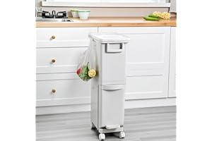 Thrink Dry and Wet Separation Trash Can, Vertical Waste Separation System with Wheels, Rubbish Trash Garbage Can, Kitchen Recycling Pedal Bin Waste with Large Recycle Compartments (29L)