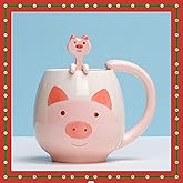Xfeyaqlo Taza Linda de Cerdo con Cuchara - Rosada, Pintada a Mano, Cerámica para Desayuno, Café, Te, Leche - Regalos para Pro