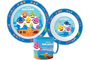 OM SUPPLIES Baby Shark Cartoon Character Dinner Tableware Set 3pcs Plate, Bowl & Mug, BPA Free re-usable Plastic Microwave Safe (Baby Shark)