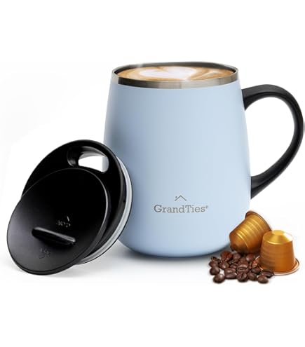 Ideus® Koffiebeker 470 ml (16 oz), dubbelwandige vacuüm geïsoleerde koffie- en theekop van roestvrij staal met antislipgreep en verschuifbare deksel en groot volume (Blauw Zebra