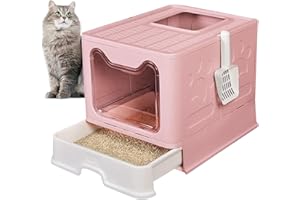 Kathson Large Foldable Cat Litter Box with Drawer Enclosed Cat Potty Tray with Lid Top Entry Toilet Anti-Splashing Cat Supplies with Plastic Scoop Easy Clean No Smell Kitty Toilet (Pink)