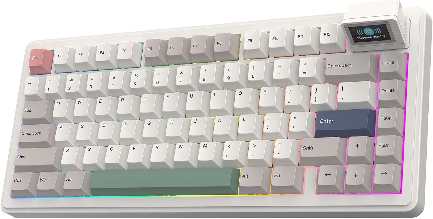 EPOMAKER RT82 Teclado Mecánico Inalámbrico para Juegos con Pantalla, Personalizable con Via, 2.4GHz/USB-C/BT5.0, RGB, Gasket, Amortiguado de 5 Capas, Teclas PBT, Hot-Swap, US ANSI (Sea Salt Silent)