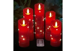 DANIP Rote LED-Kerze mit eingebauter Lichterkette 5 LED-Kerze mit 10-Tasten-Fernbedienung 24-Stunden-Timer-Funktion Tanzende Flamme Echtwachs Batteriebetrieben.
