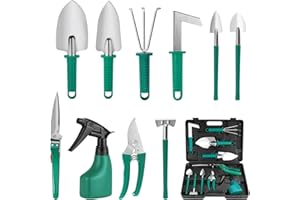 Moendergo 10St Garten Werkzeuge Set, Gartengeräte Set mit Kelle, Umpflanzmaschine, Harke, Gartenschere, Schaufeln und Wassersprühflasche (Grün)