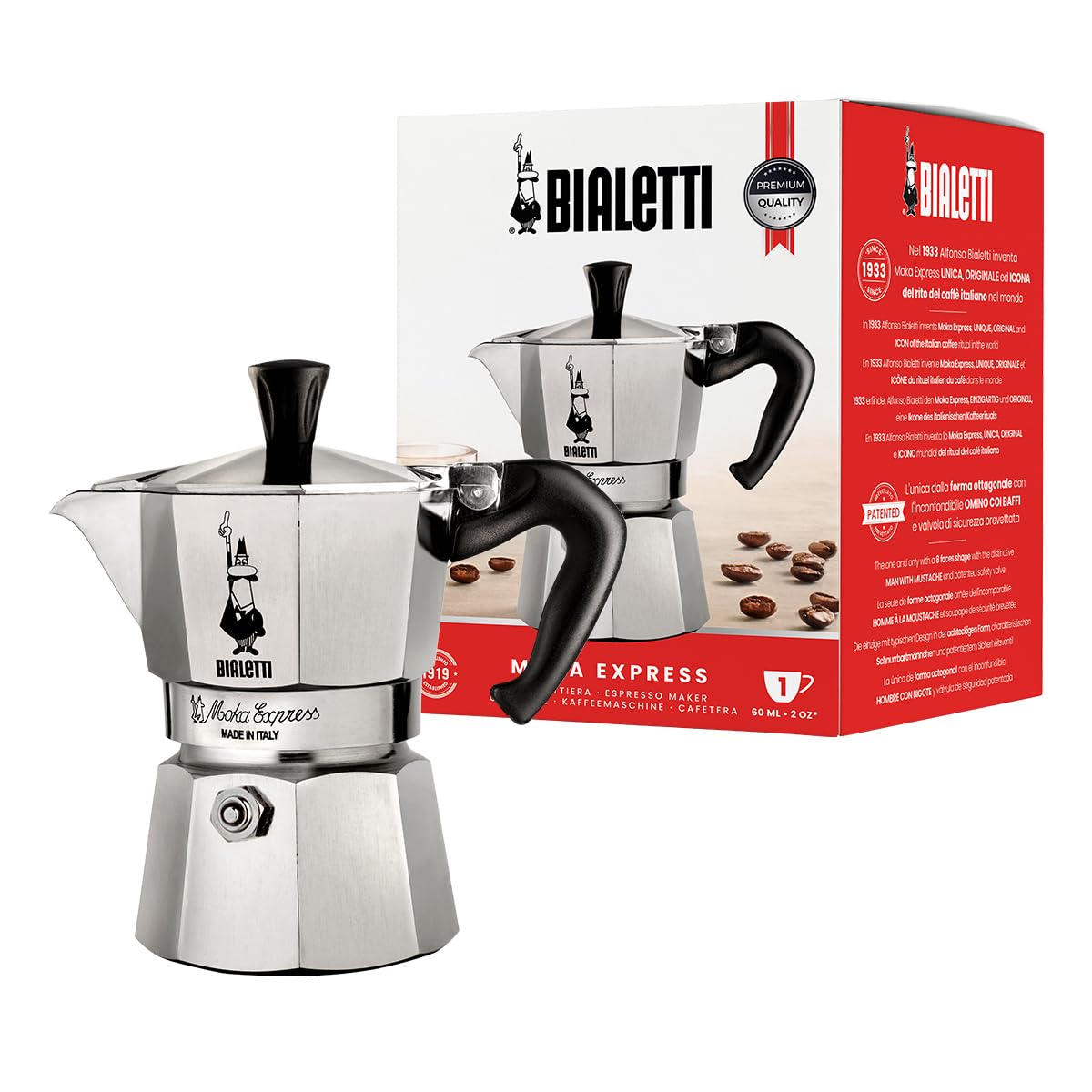 Bialetti Caffettiera Moka Express, Manico anti scottatura, Non adatta a induzione, 1 Tazze (60 ml), Alluminio