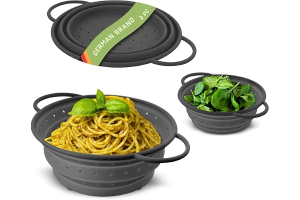 Coolinato – Set de 3 passoires silicone pliable 16/20 / 24 cm gris – Passette pour la cuisine compatible au lave-vaisselle, sans BPA, & résistante à la chaleur - Rabattable & peu encombrante