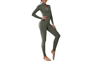Adisputent Womens Ribbed Jumpsuit Playsuits Long Sleeve Unitard Romper Onesies Zip Up Sports Bodysuit Bodycon Yoga All In One Jumpsuit