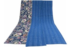 Sophia-Art Twin/Queen Multi color Handmade Mukut Print Kantha Quilt Kantha Blanket Bed Cover Kantha Bedspread Bohemian Bedding (Blue 1, 60"*90")