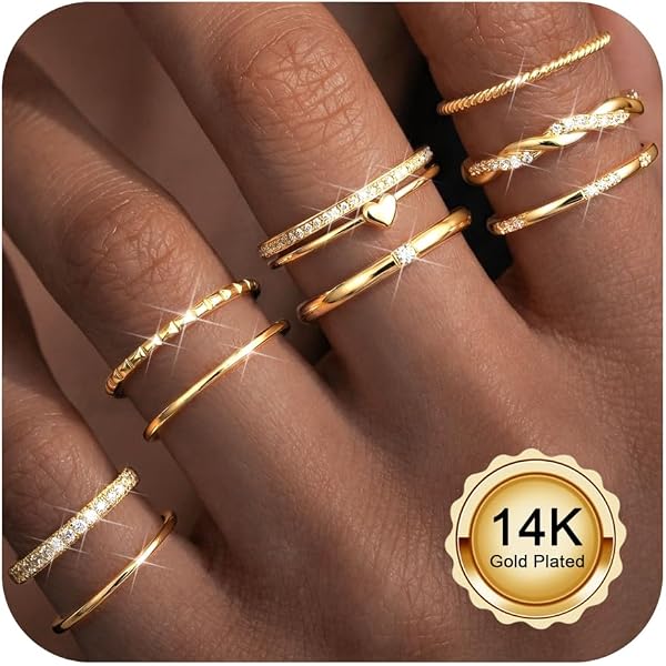 Set Di 5 Anelli Impilabili Donna – Oro 14K – Sottili Con Zirconia Cubica – Delicati E Non Sbiadiscono (Taglie 6-10) - 4