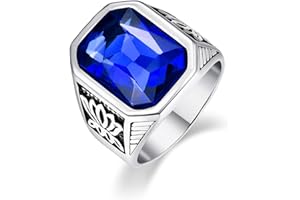 Cloyo Men's Stainless Steel Rings Silver Lotus Pattern Vintage Biker Rings with Red/Green/Blue Crystal Glass Size O-Y