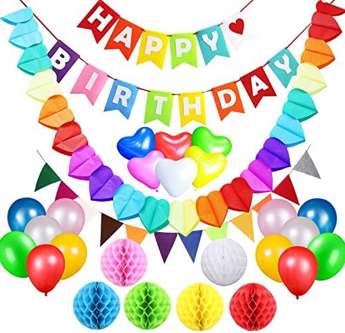 Birthday Party Supplies Party Favours Decorations, Acetek Happy Birthday Banner Flags, 6 Colorful Tissue Paper Pompom Balls, 18 Balloons, Heart Garland &amp; Bunting for Birthday, Baby Shower, Wedding