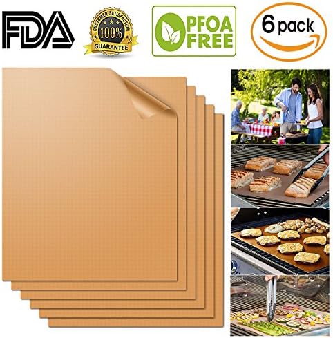 Copper Grill Mat Set of 6 BBQ Baking Mats 100% Non-stick Easy to Clean and Reusable 15.75 X 13 Inch by Aquablessing …