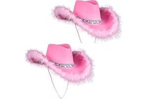 MOFIC 2Pack Women's Cowboy Hat with Fluffy and Glitter Decoration, Feather Cowgirl Hat Ladies Cap for Fancy Dress,Adjustable Drawstring,Party, Halloween, Carnival Costume Accessory